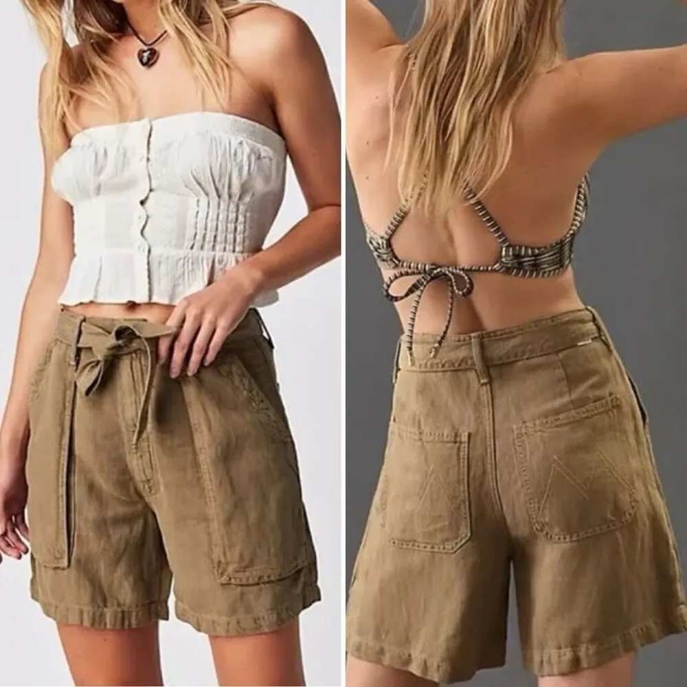 MOTHER The Chute Paperbag Shorts Olive Green High Waist Tie Belt Womens 26 - Picture 14 of 14